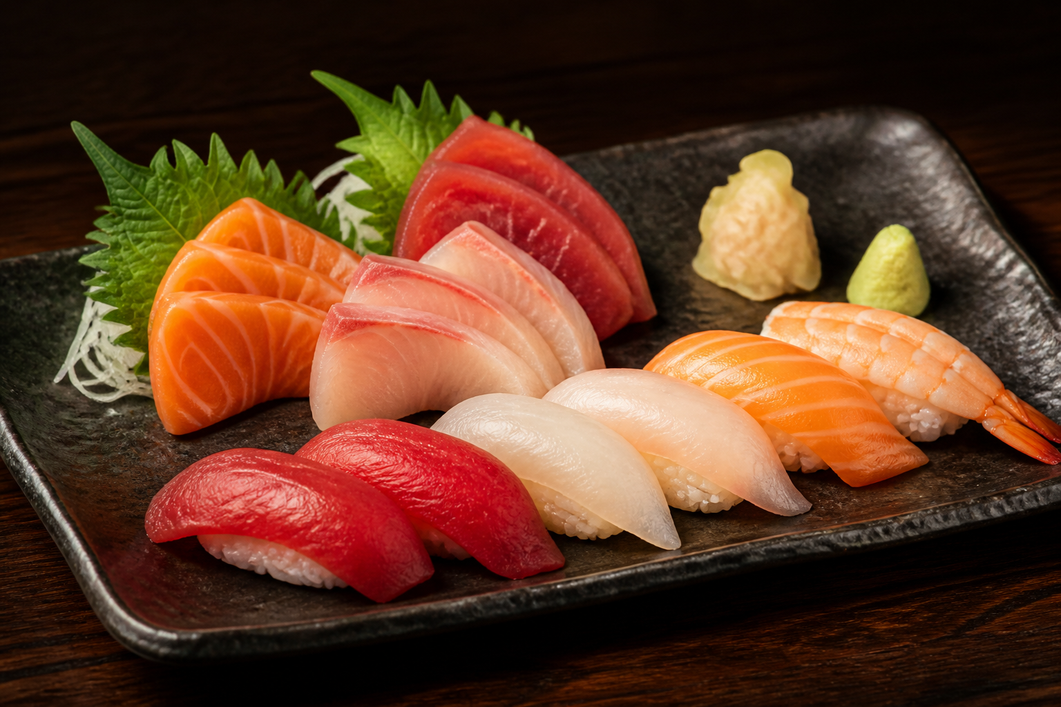 Sushi and sashimi on a black ceramic plate