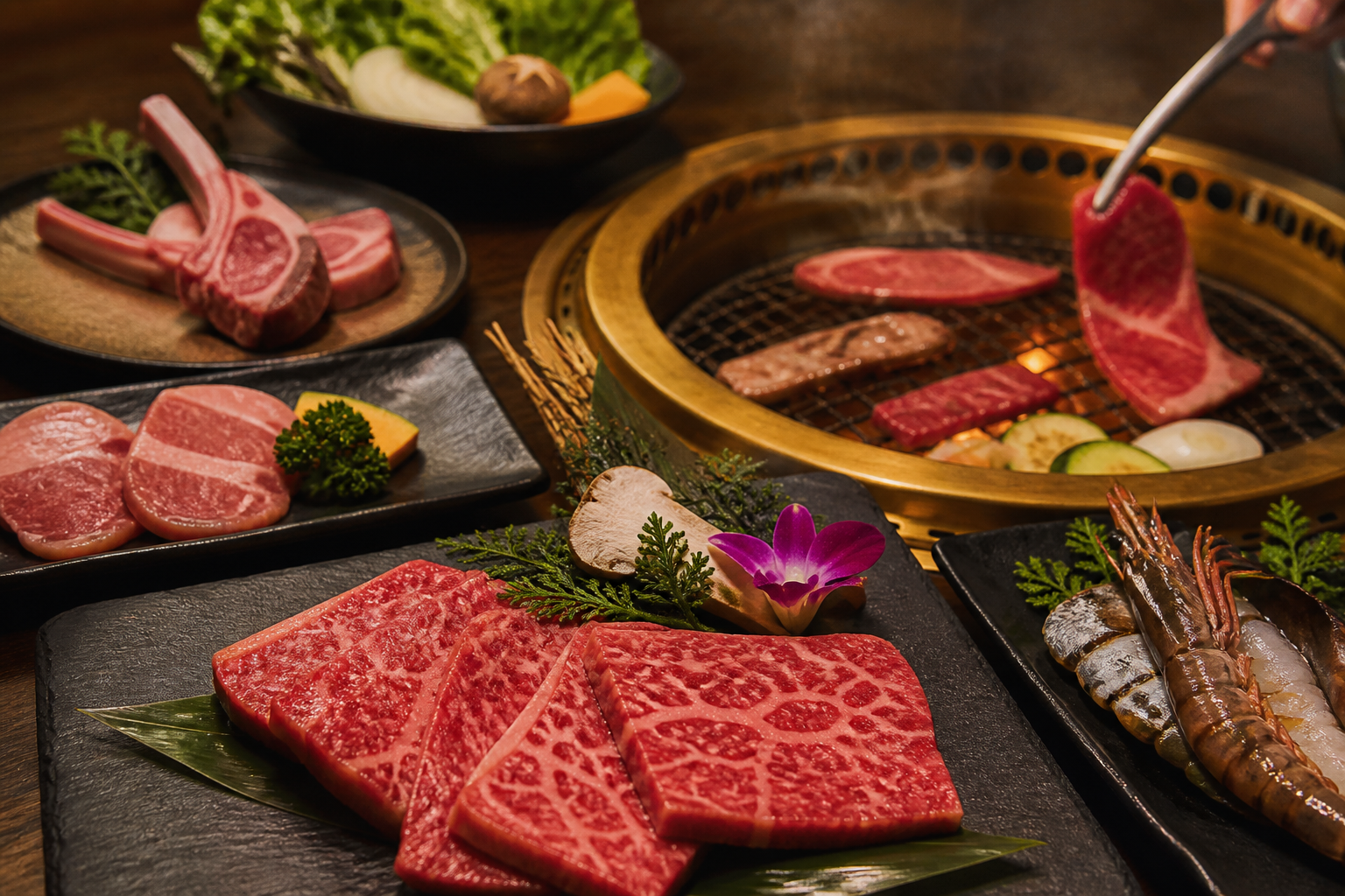 Yakiniku grill with marbled meat and vegetables